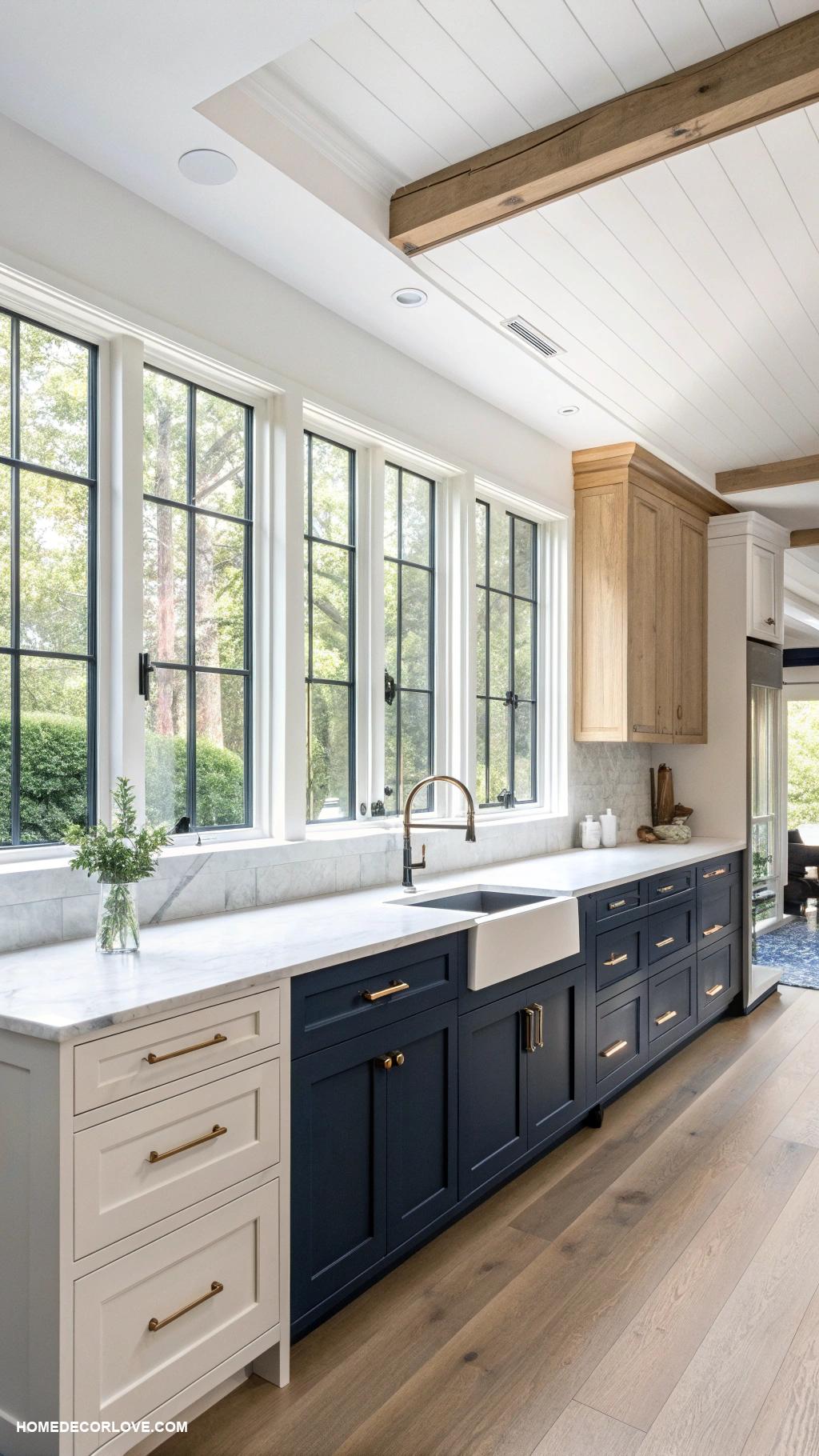 white oak kitchen cabinets Two tone kitchen featuring white oak and navy