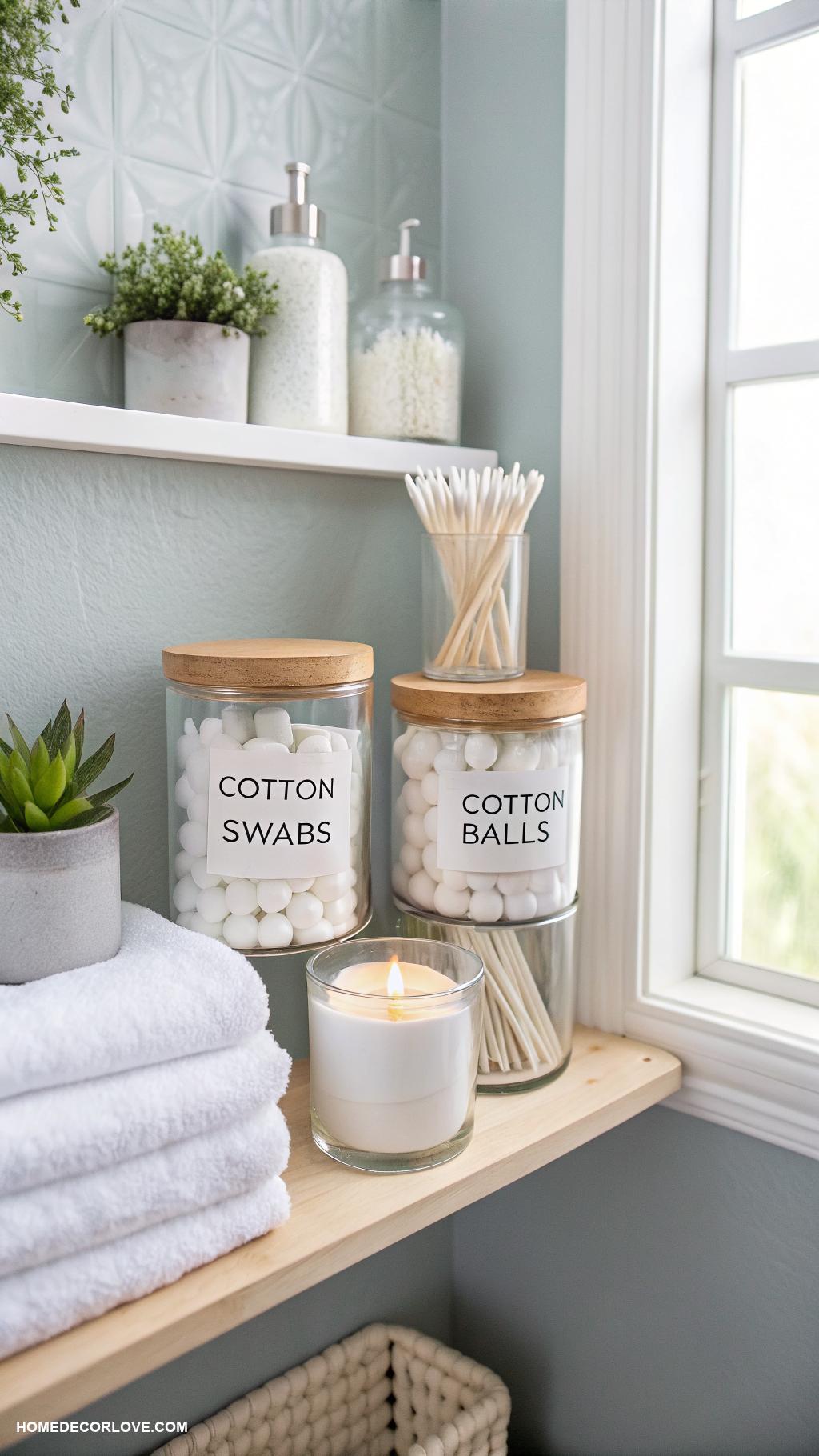 bathroom organization ideas Label jars for cotton swabs and balls