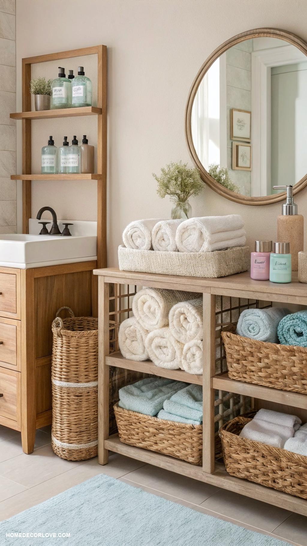 bathroom storage ideas Baskets for rolled towels and toiletries