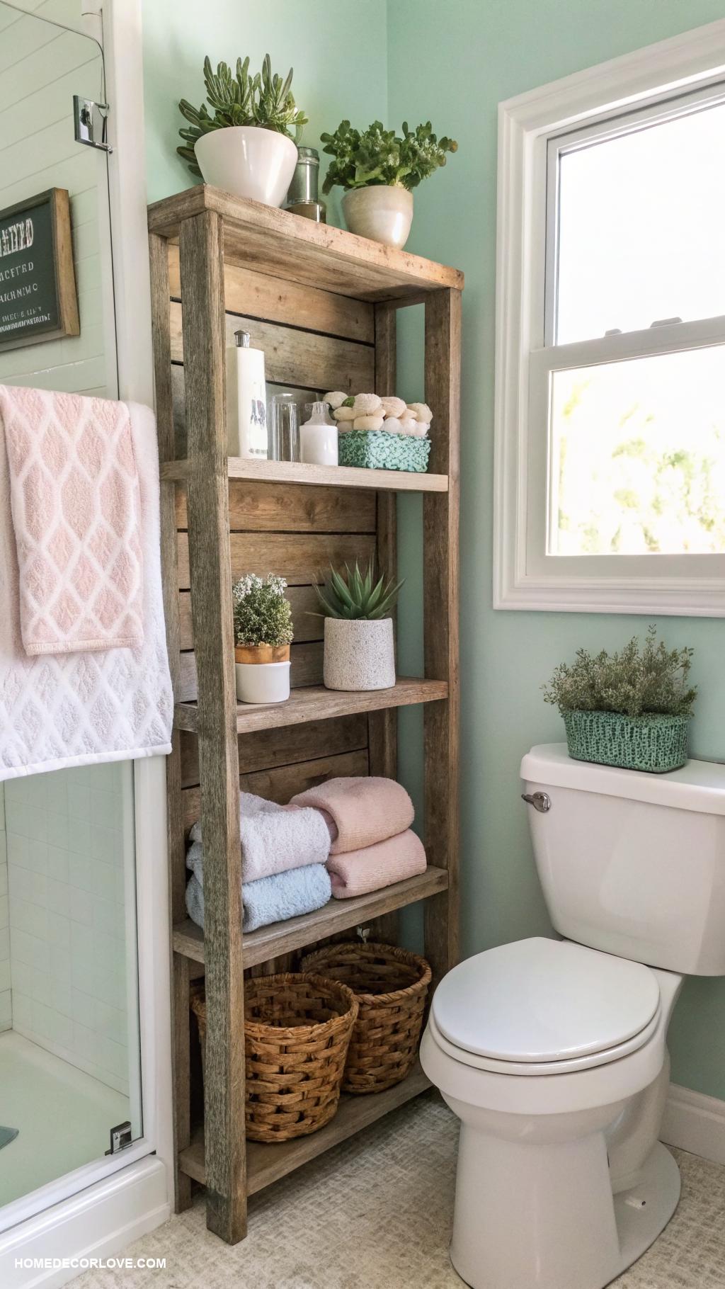 bathroom storage ideas Over the toilet shelving for extra space
