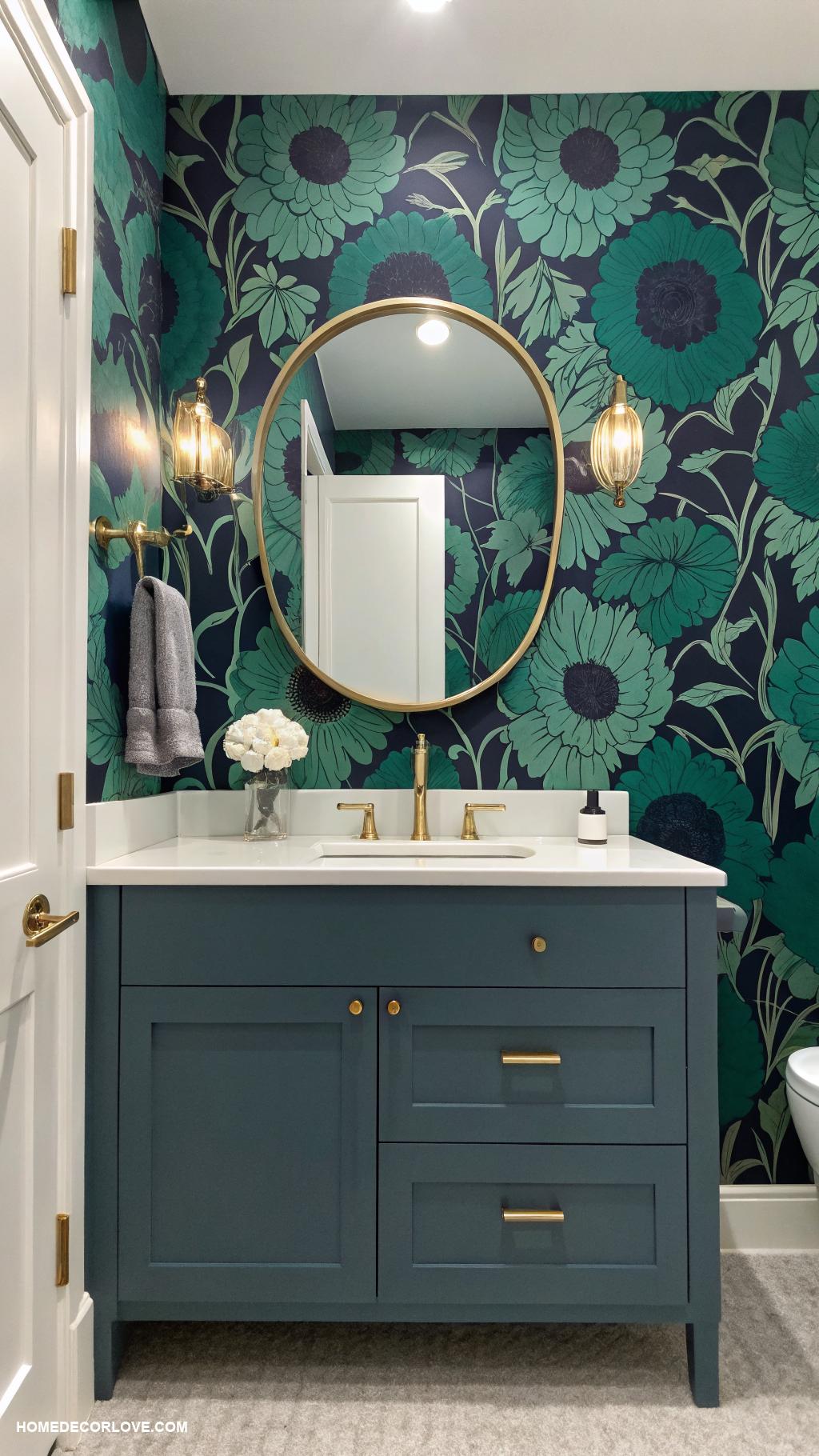 bathroom vanity ideas Bold wallpaper for accent wall