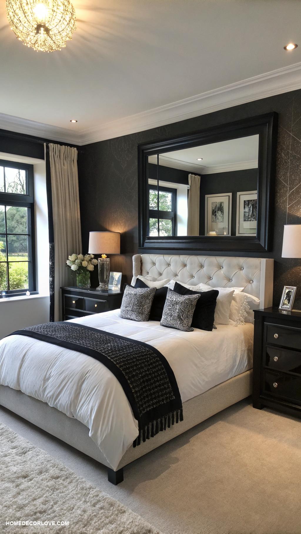 black and white bedroom ideas Black framed mirrors for elegance