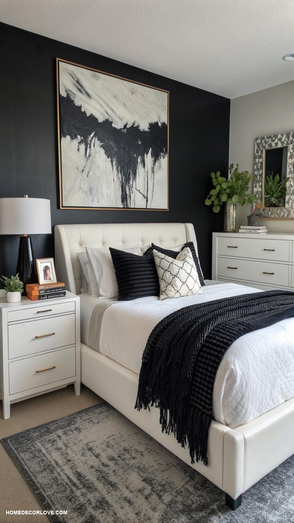 black and white bedroom ideas Bold black accent wall with white decor