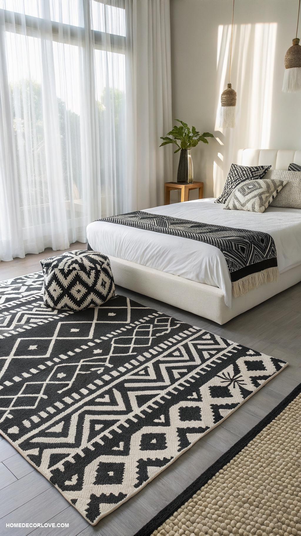 black and white bedroom ideas Layered black and white rugs