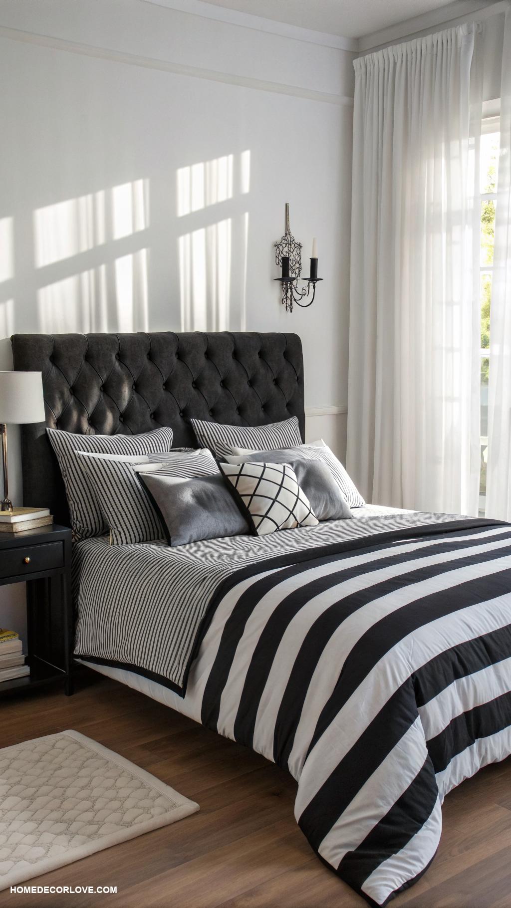 black and white bedroom ideas Monochrome striped bedding for visual interest