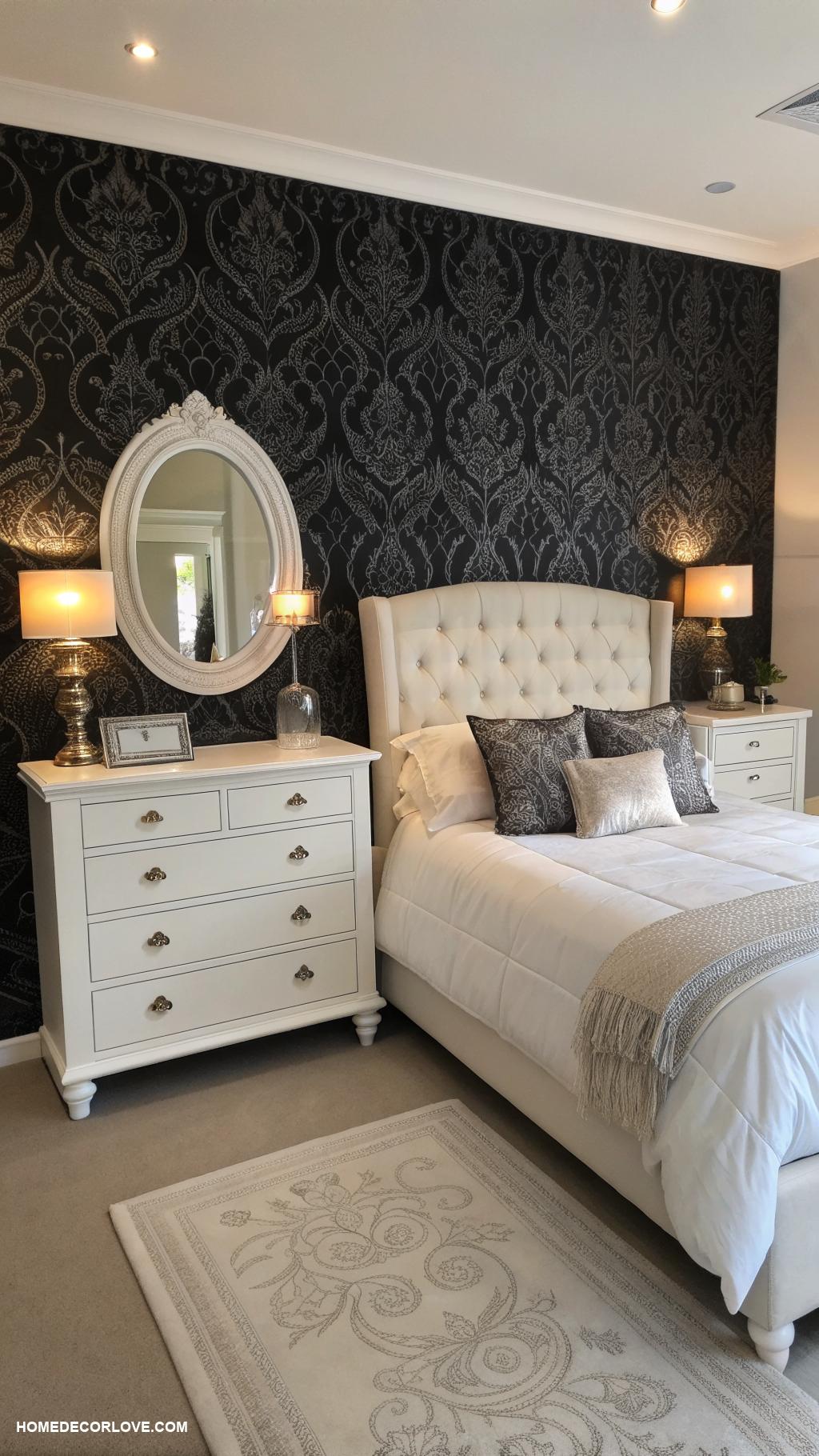 black and white bedroom ideas White furniture against black wallpaper