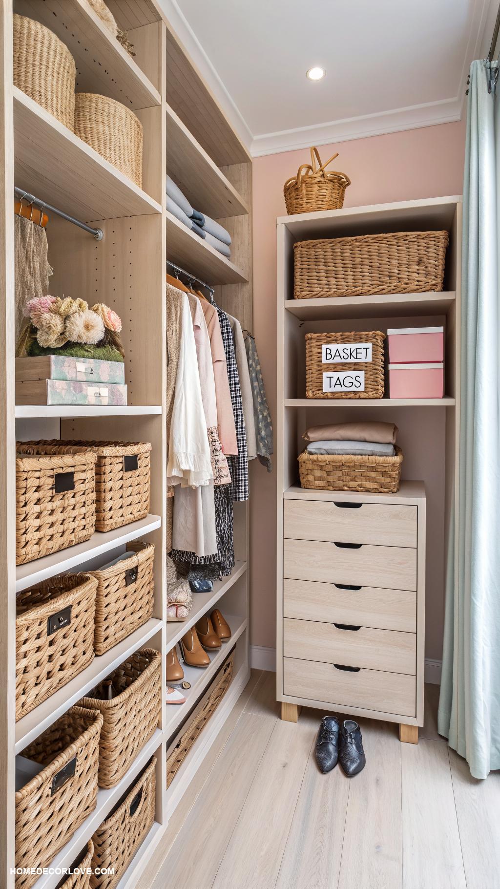closet organization ideas Incorporate baskets to group similar items