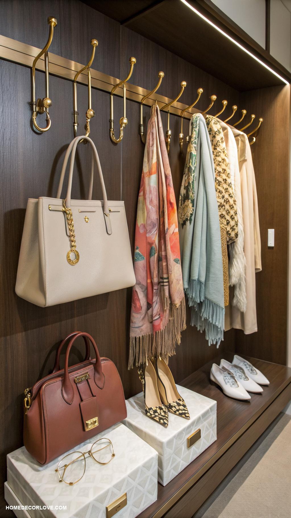 closet organization ideas Install hooks for accessories and bags