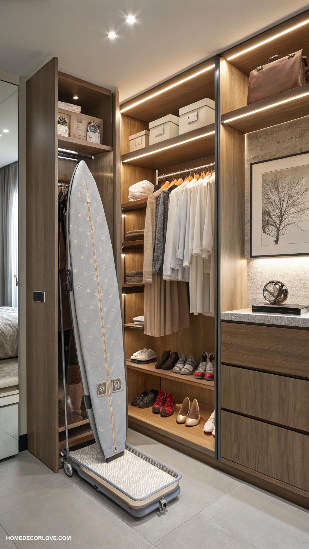 closet storage ideas Incorporate a foldable ironing board