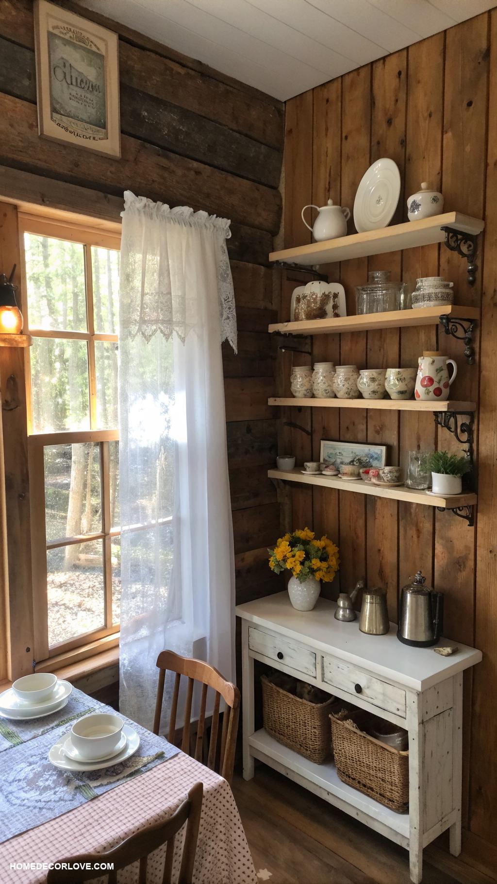 cottage breakfast nook ideas Rustic wood wall decor and shelves
