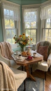 cottage breakfast nook ideas Warm throw blankets for chilly mornings