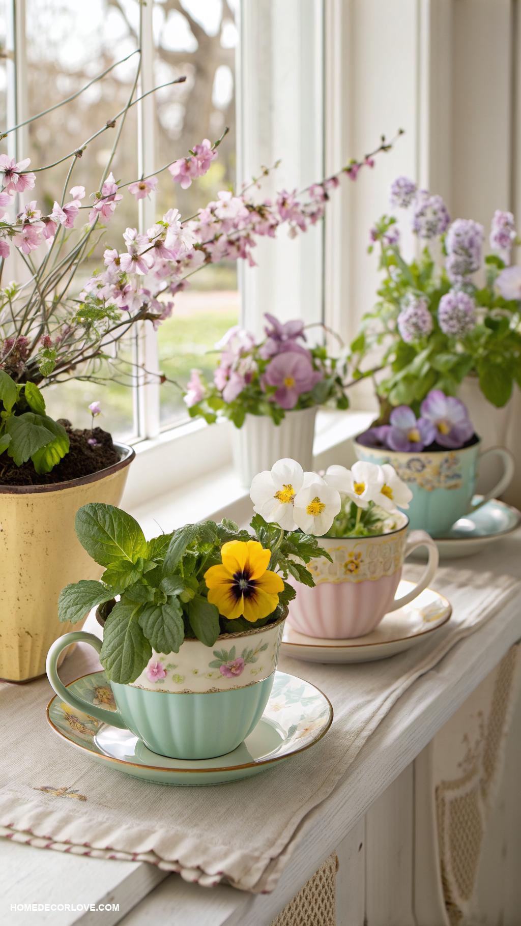 diy spring decor Repurposed teacup planters