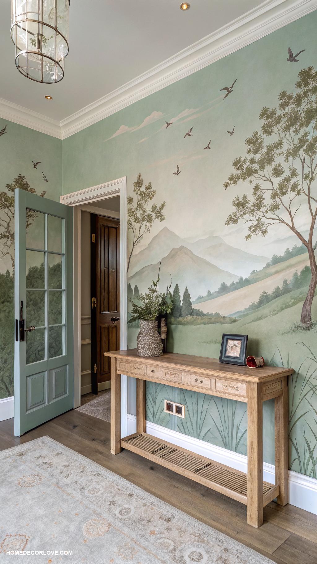 entryway wallpaper ideas Subtle nature scenes for a serene atmosphere