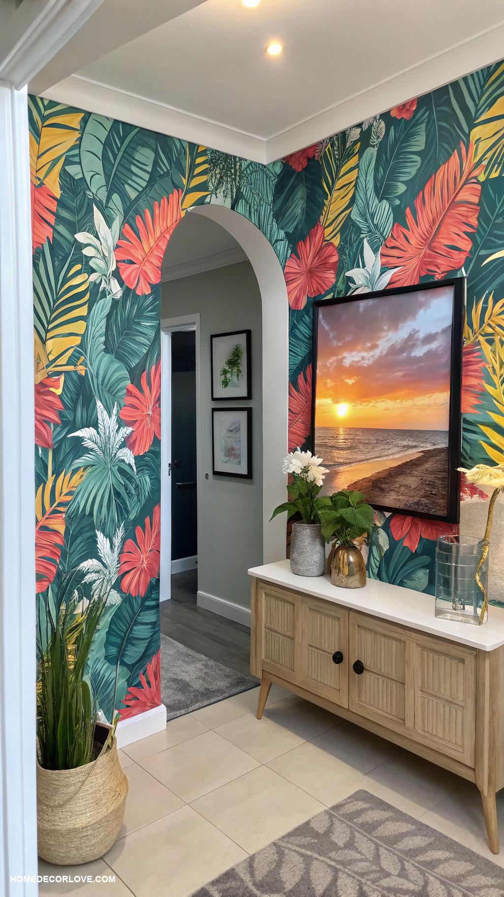 entryway wallpaper ideas Tropic inspired patterns for a playful entryway