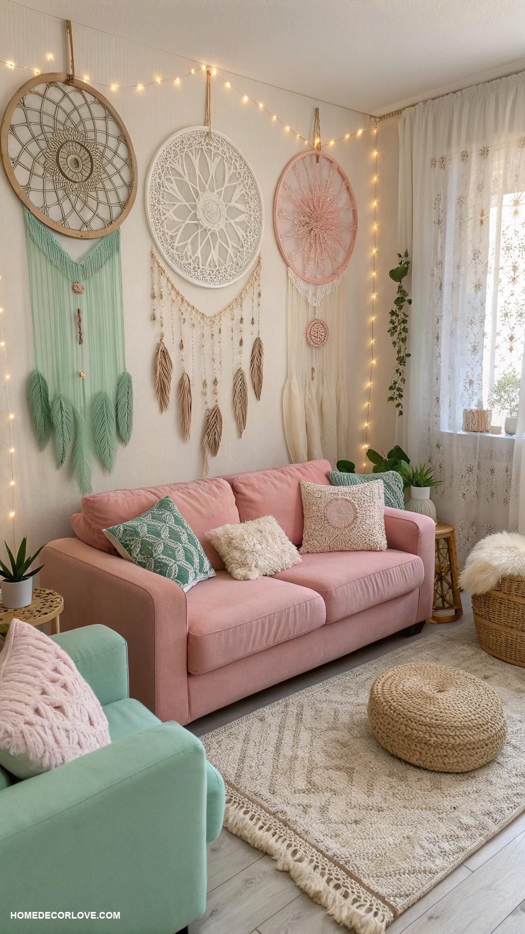 pastel boho living rooms Dreamcatchers as boho wall decor accents
