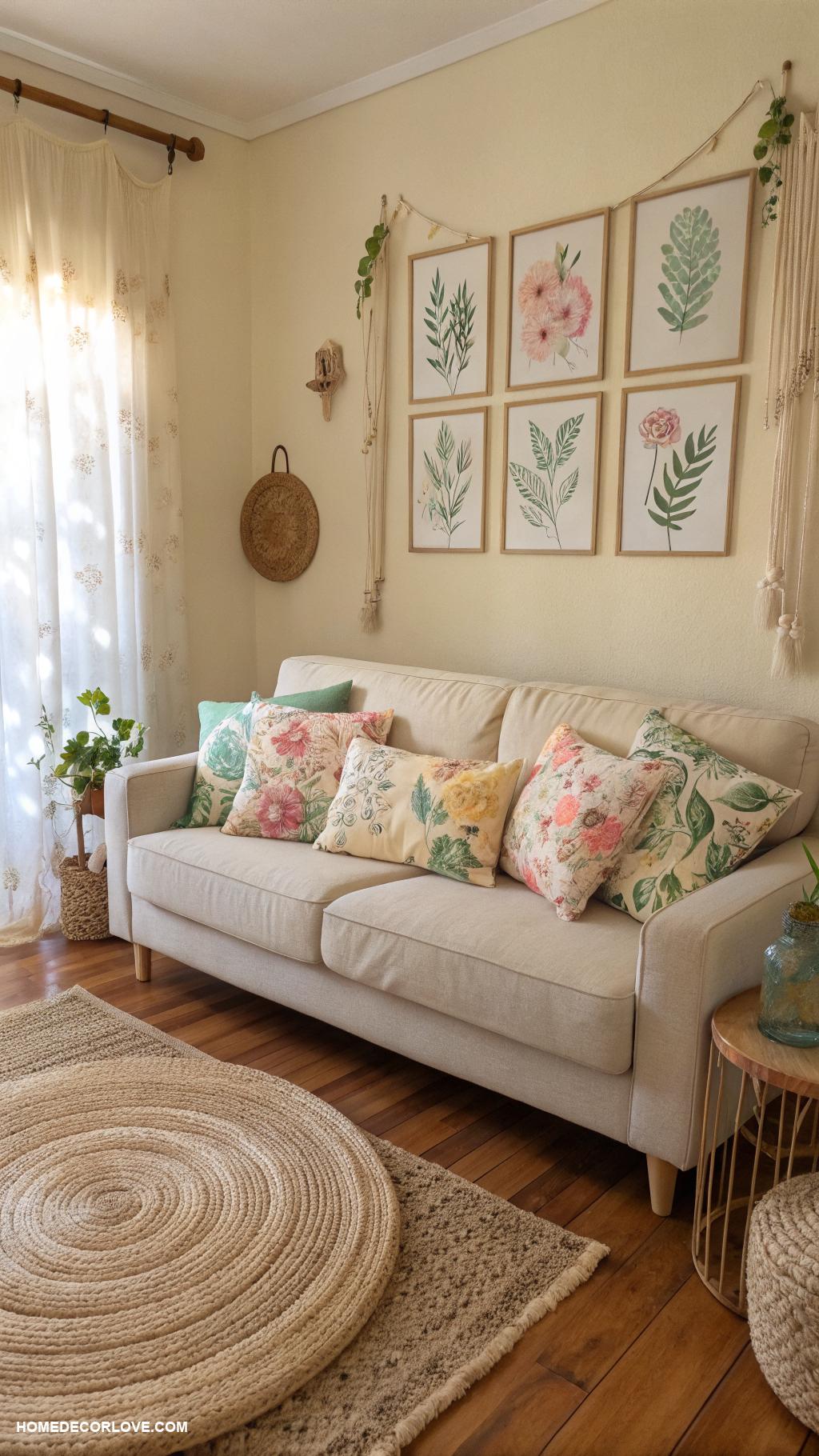 pastel boho living rooms Floral patterned cushions on a neutral sofa