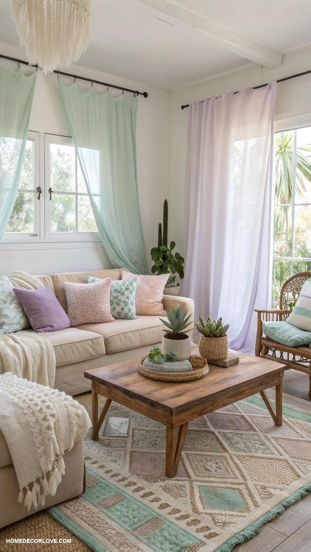 pastel boho living rooms Light linen curtains for airy feel
