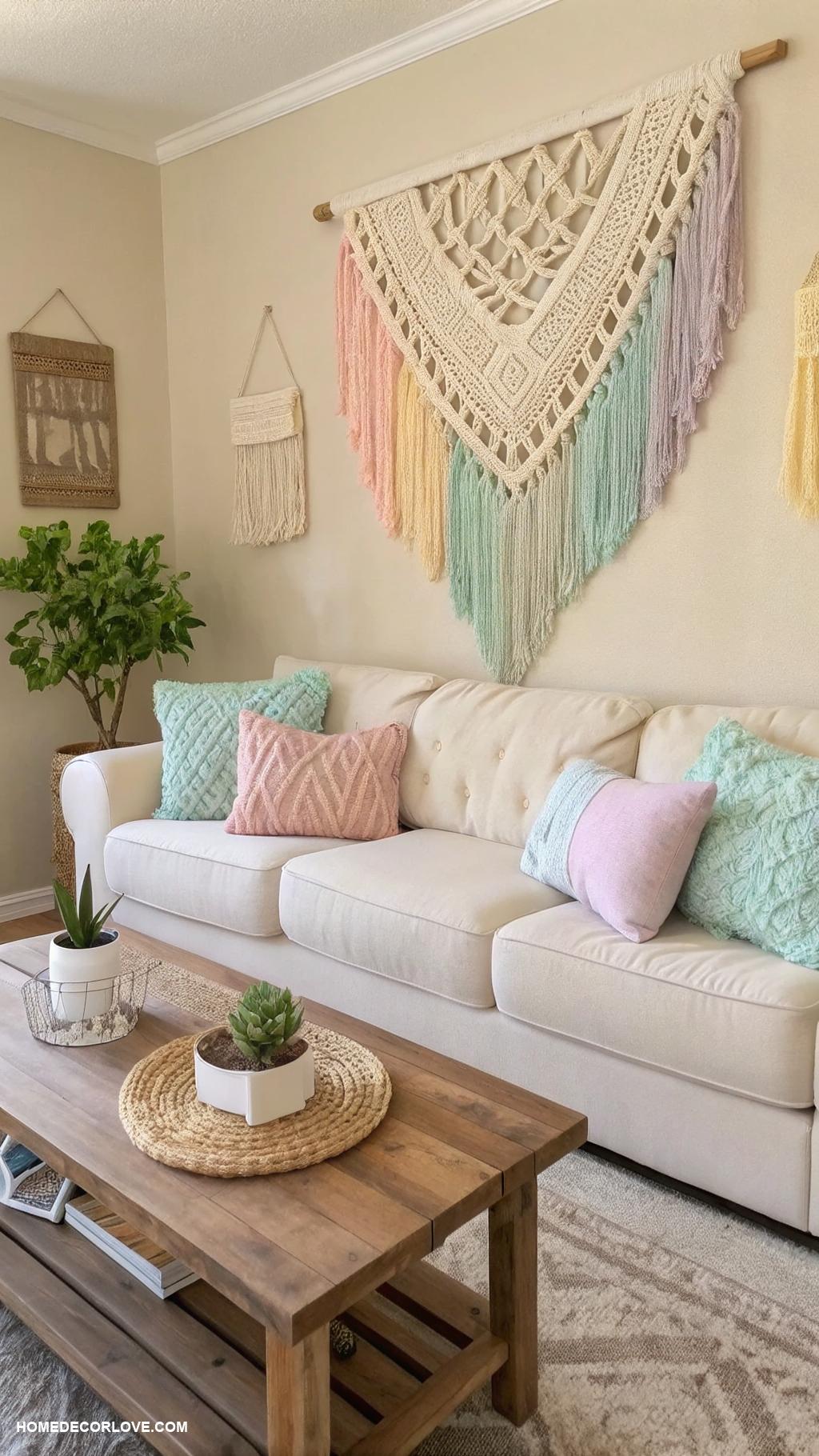 pastel boho living rooms Macrame wall hangings in pastel shades
