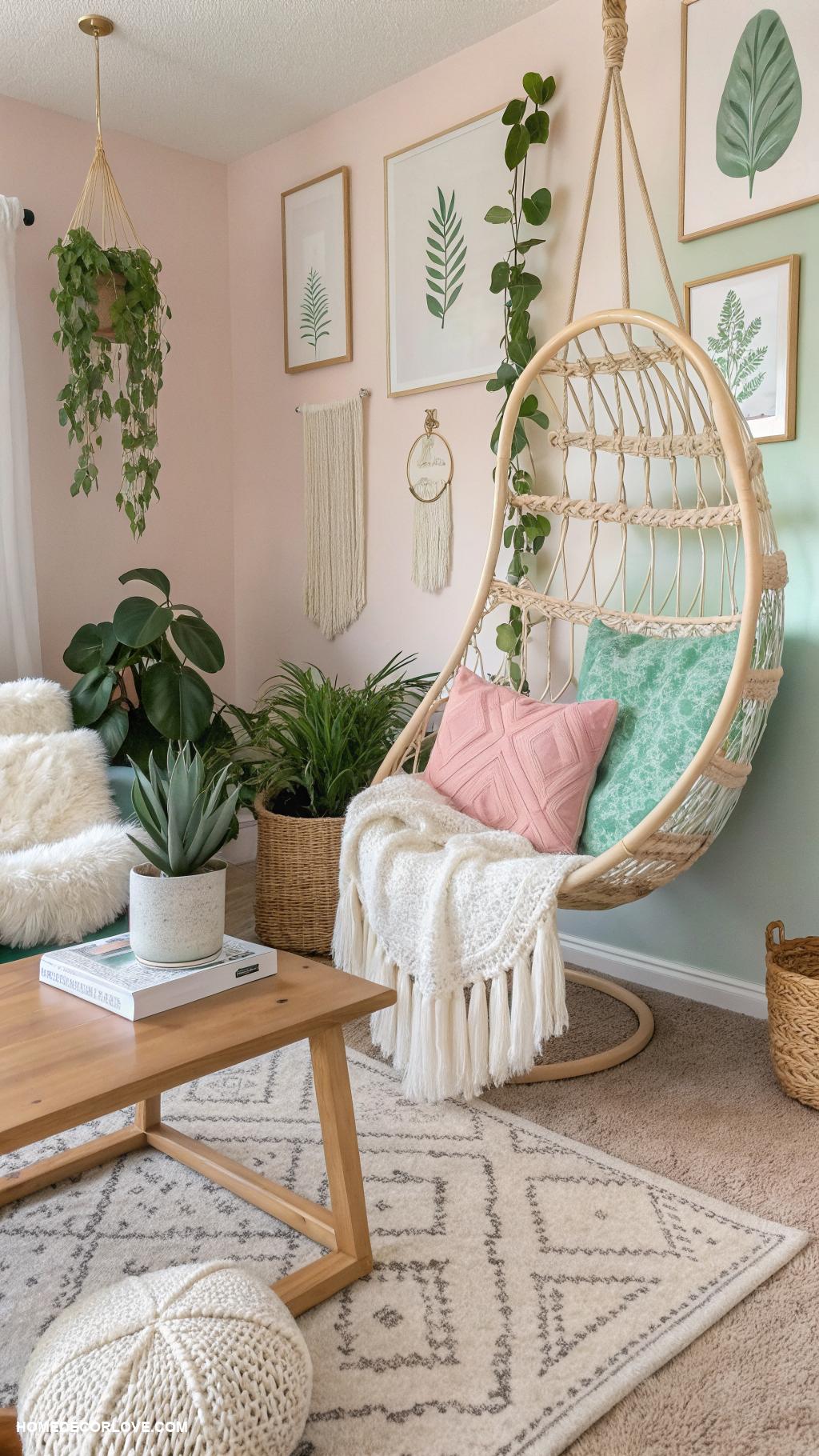 pastel boho living rooms Rattan hanging chairs for relaxed seating