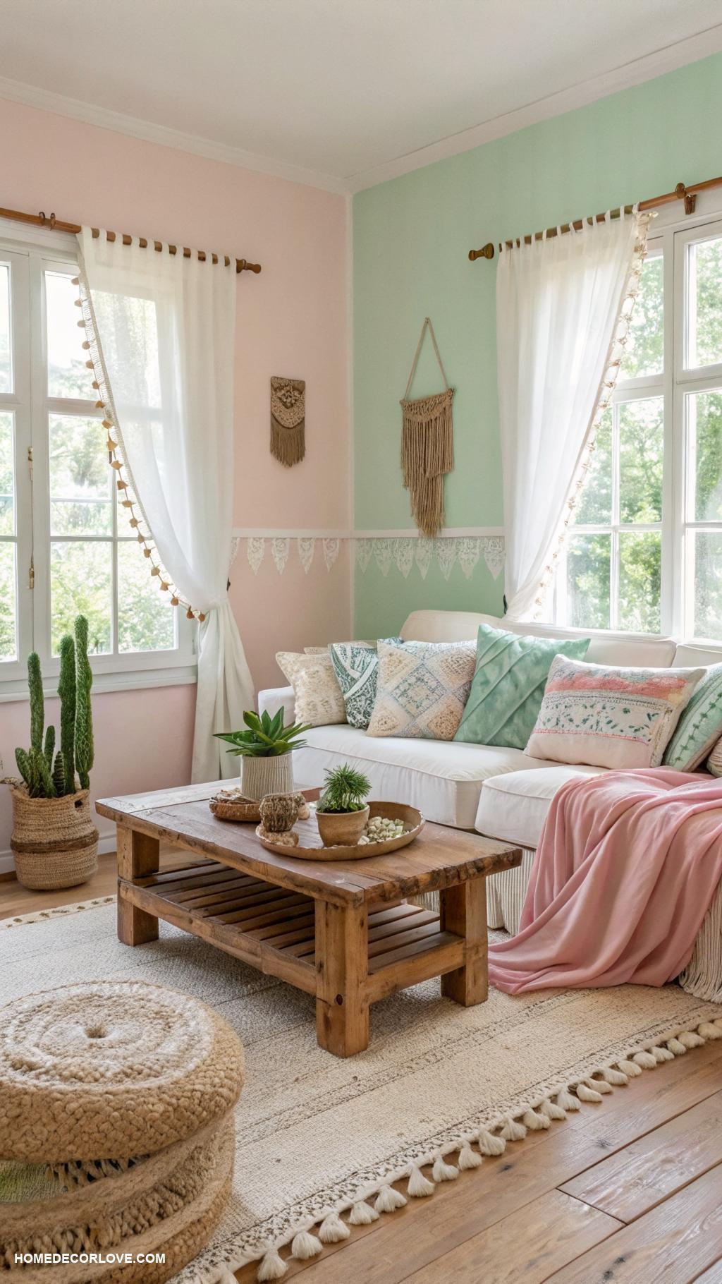 pastel boho living rooms Soft pastel walls with natural wood accents