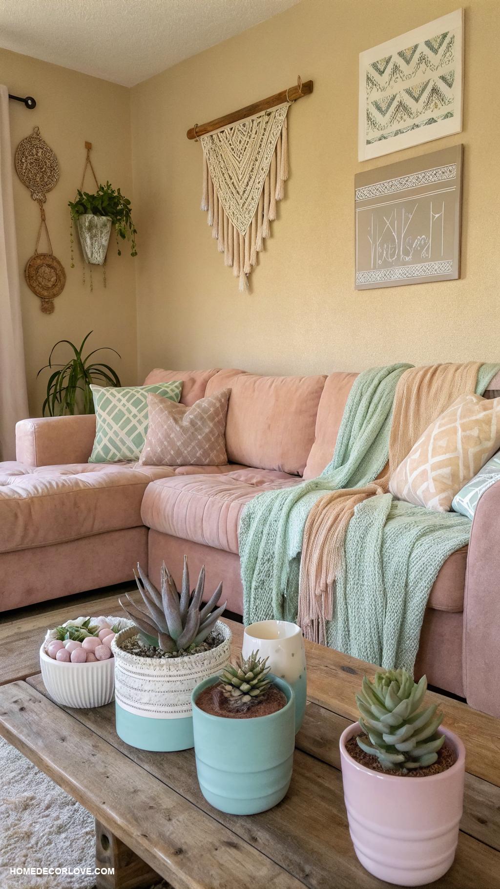 pastel boho living rooms Succulent plants in pastel ceramic pots