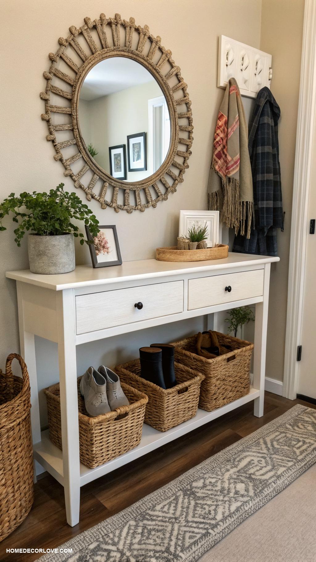 small entryway table ideas Baskets under table for organized storage