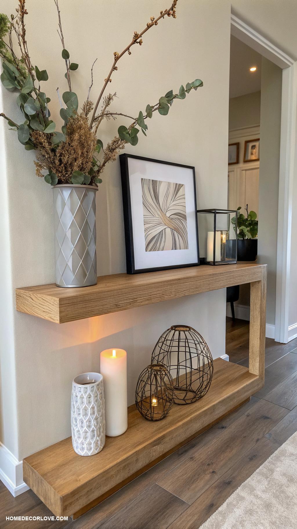 small entryway table ideas Floating shelf with decor elements